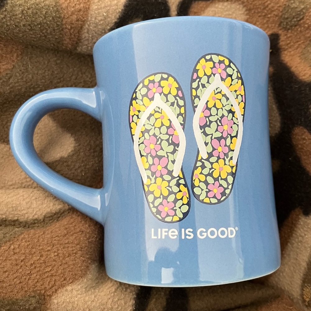 Life is Good Blue Mug with Floral Flip Flops